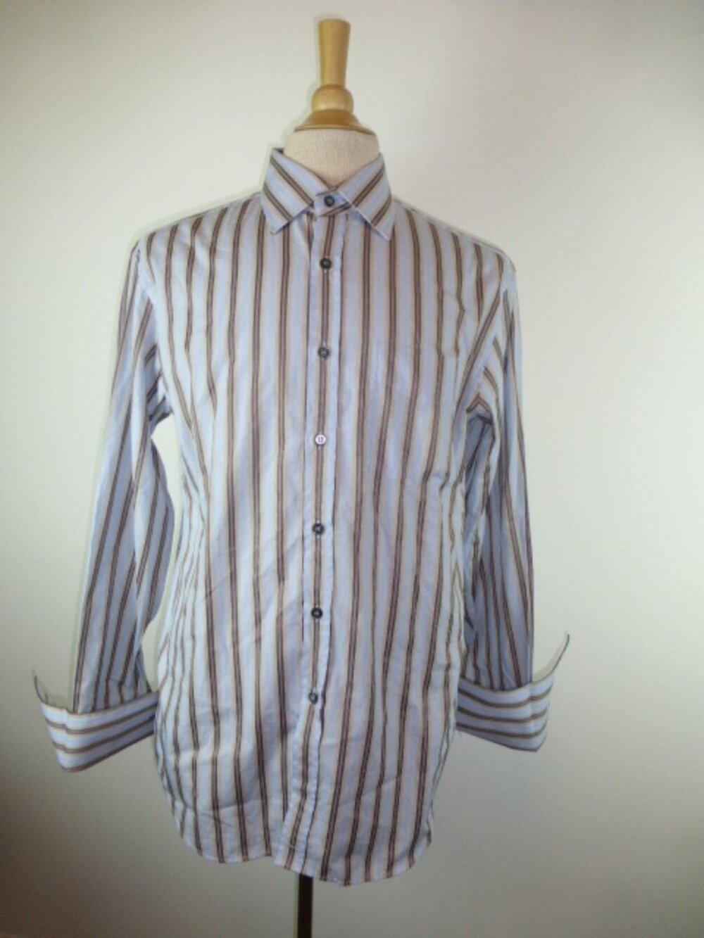 PAUL SMITH LONDON blue french cuff shirt 15.5 M brown stripes dress